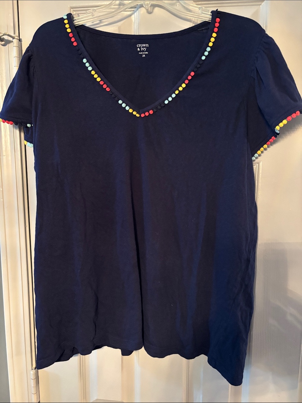 crown & ivy Navy Short-Sleeve V-Neck Top with Colorful Pom Trim